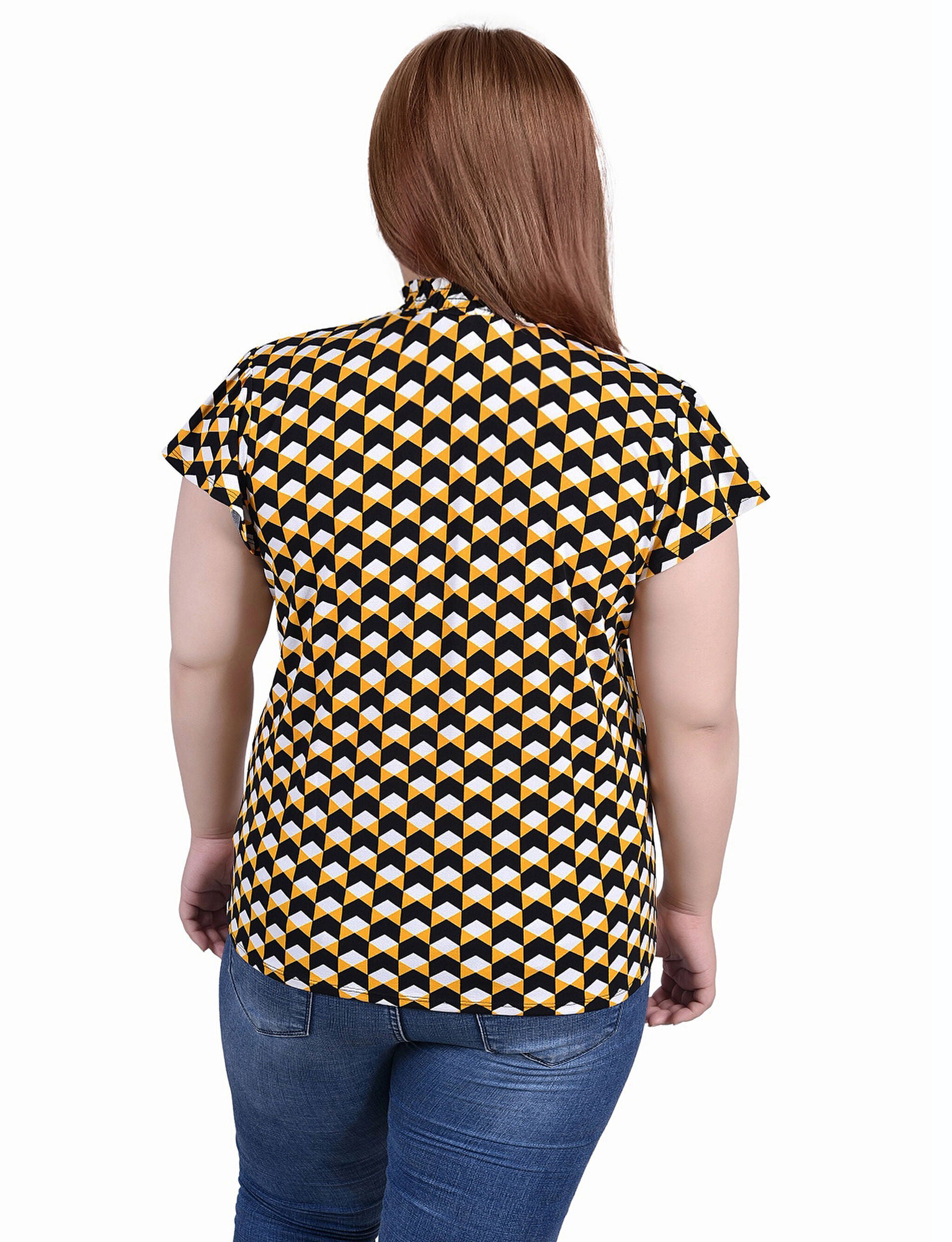 Short Flutter Sleeve Mock Neck Top, Golden Black Cube, alternate image number 2