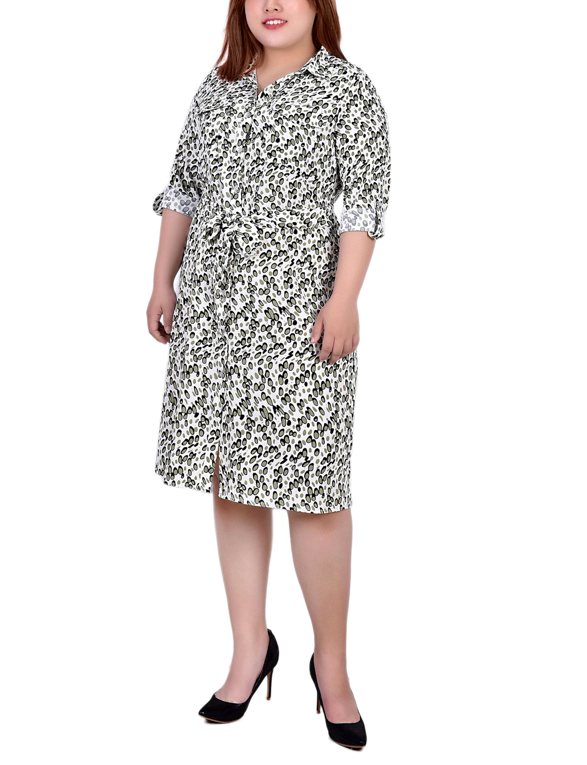 3/4 Roll Tab Sleeve Belted Shirtdress, Ivory Olive Cells, hi-res image number 0