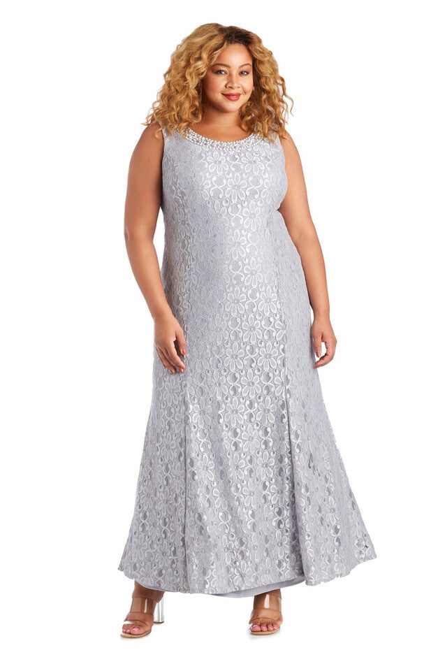 Long Flyaway Sheer Jacket Over Lace Aline Dress With Beaded Necklace, , alternate image number null