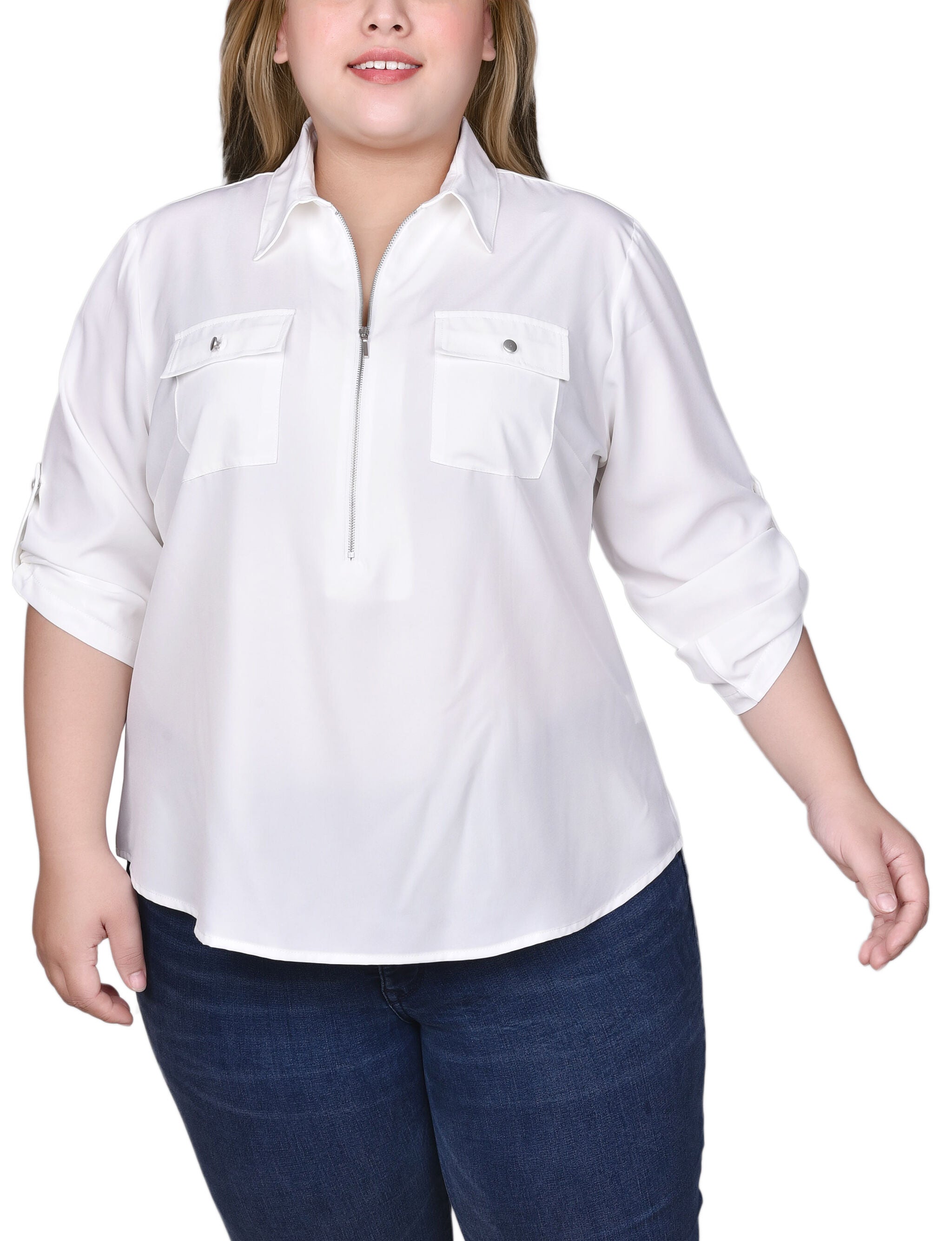 3/4 Roll Tab Sleeve Zip Front Top, White, hi-res image number 0