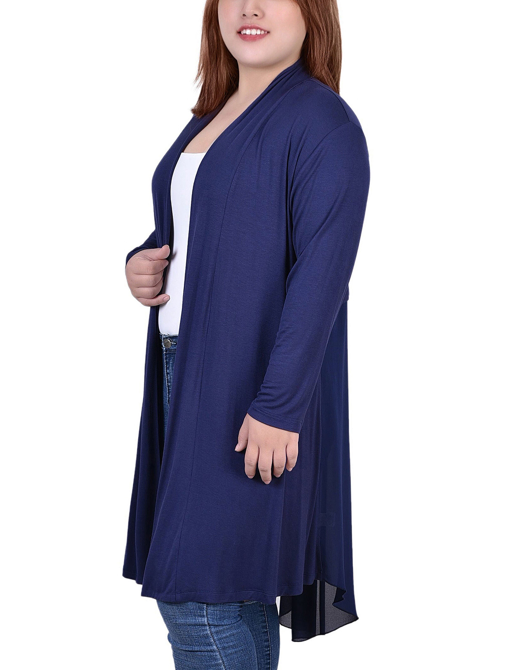 Long Sleeve Knit Cardigan With Chiffon Back, Navy, alternate image number 1