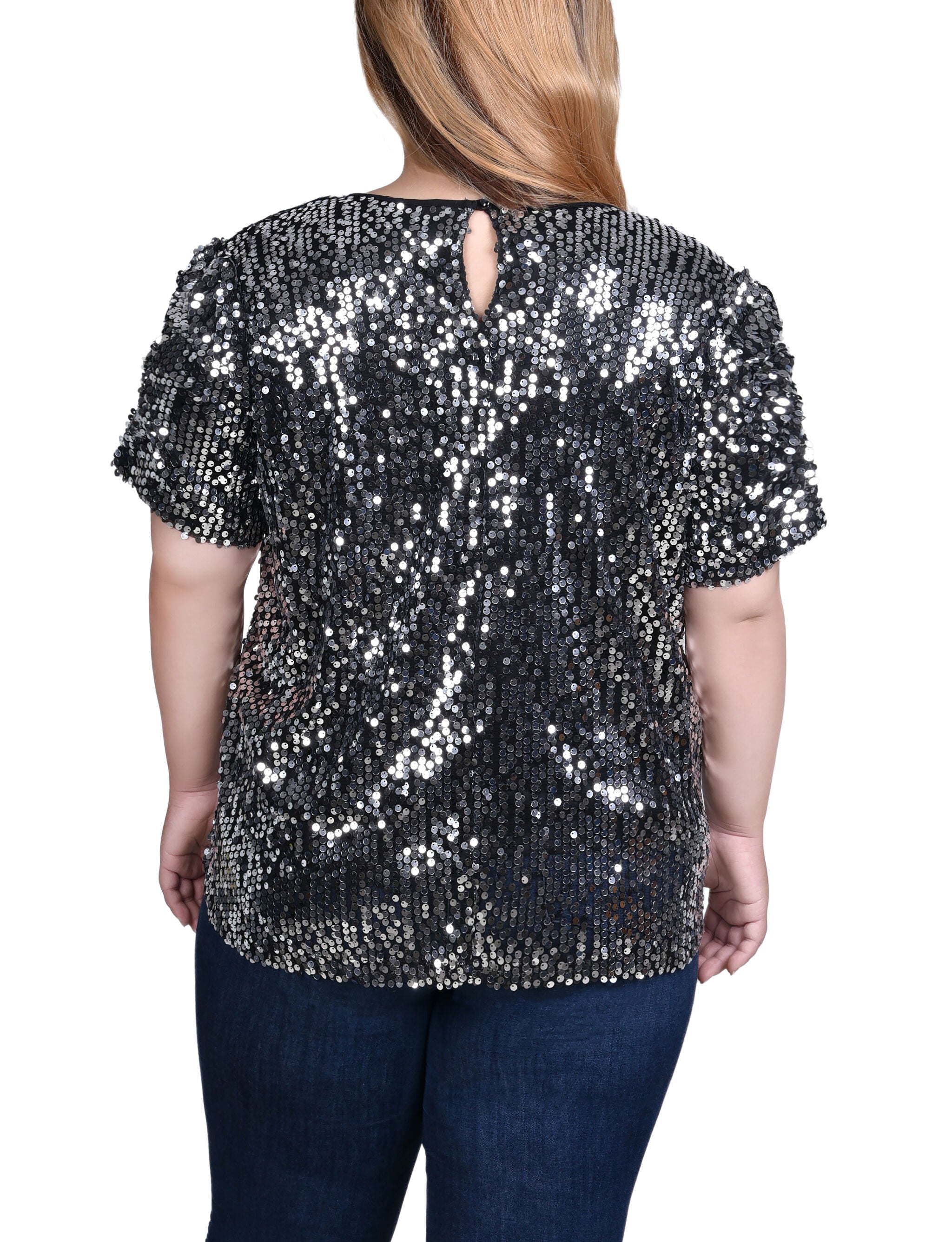 Short Sleeve Sequined Top, Silver, alternate image number 1