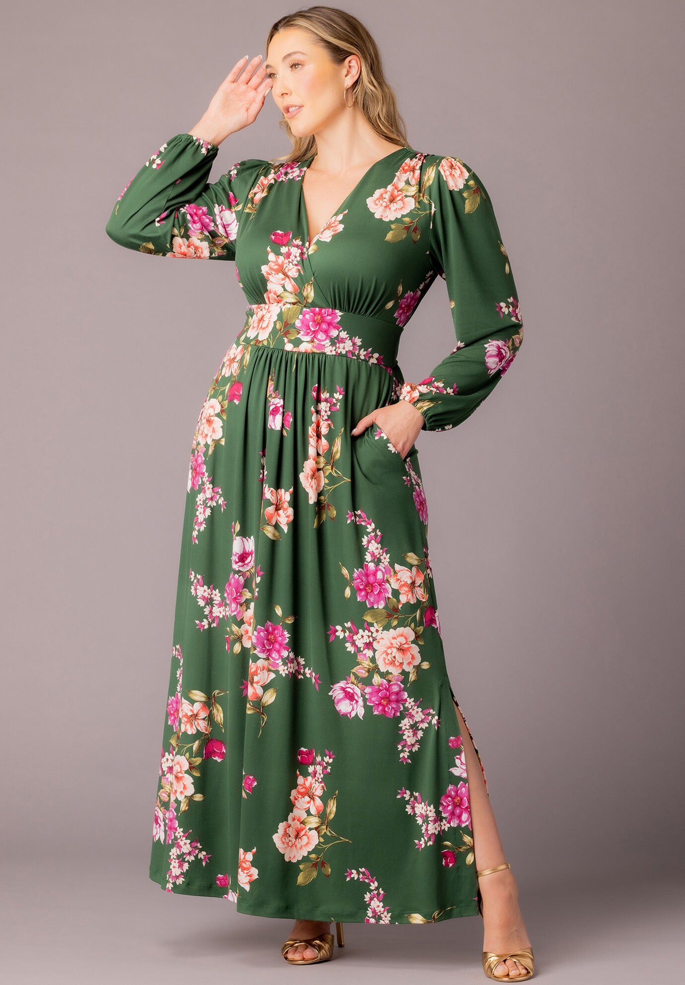 Kelsey Long Sleeve Maxi Dress, Green Floral Print / Forest Green, alternate image number 5