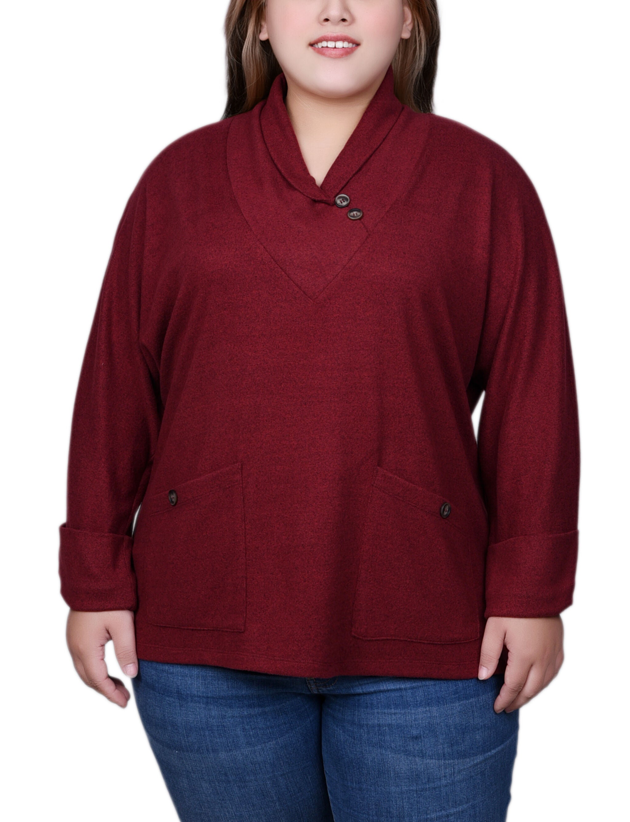 Long Sleeve Shawl Collar Top With Pockets, Red, hi-res image number 0