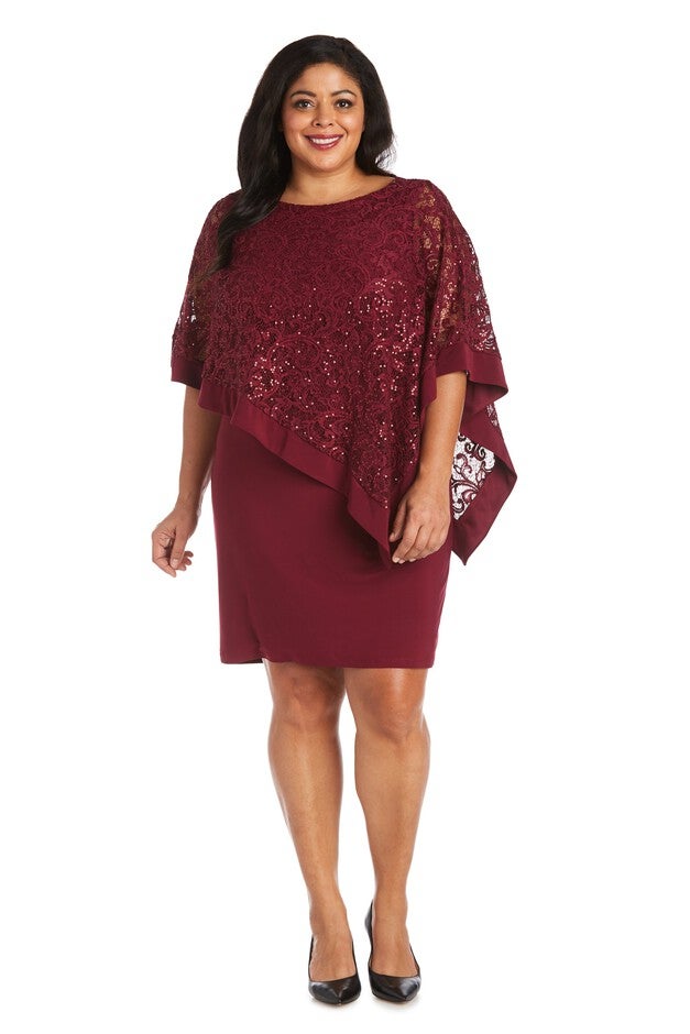 Capelet Dress with Metallic Lace Asymmetric Poncho - Plus, Merlot, hi-res image number null