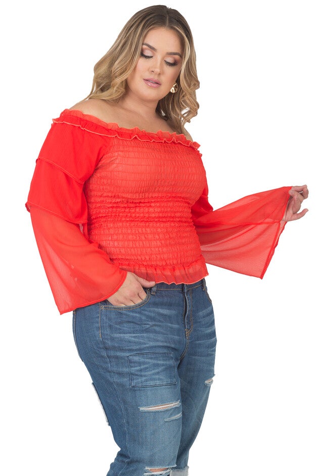 Women's Plus Size Long Sleeved Smocked Blouse Tierd Sleeve Off-The-Shoulder Floral Print, , alternate image number null
