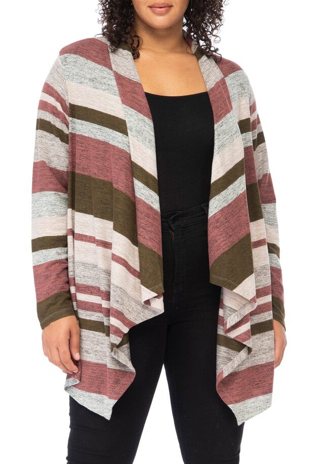 Amie Plus Stripe Waterfall Cardigan, Olive Combo, hi-res image number null