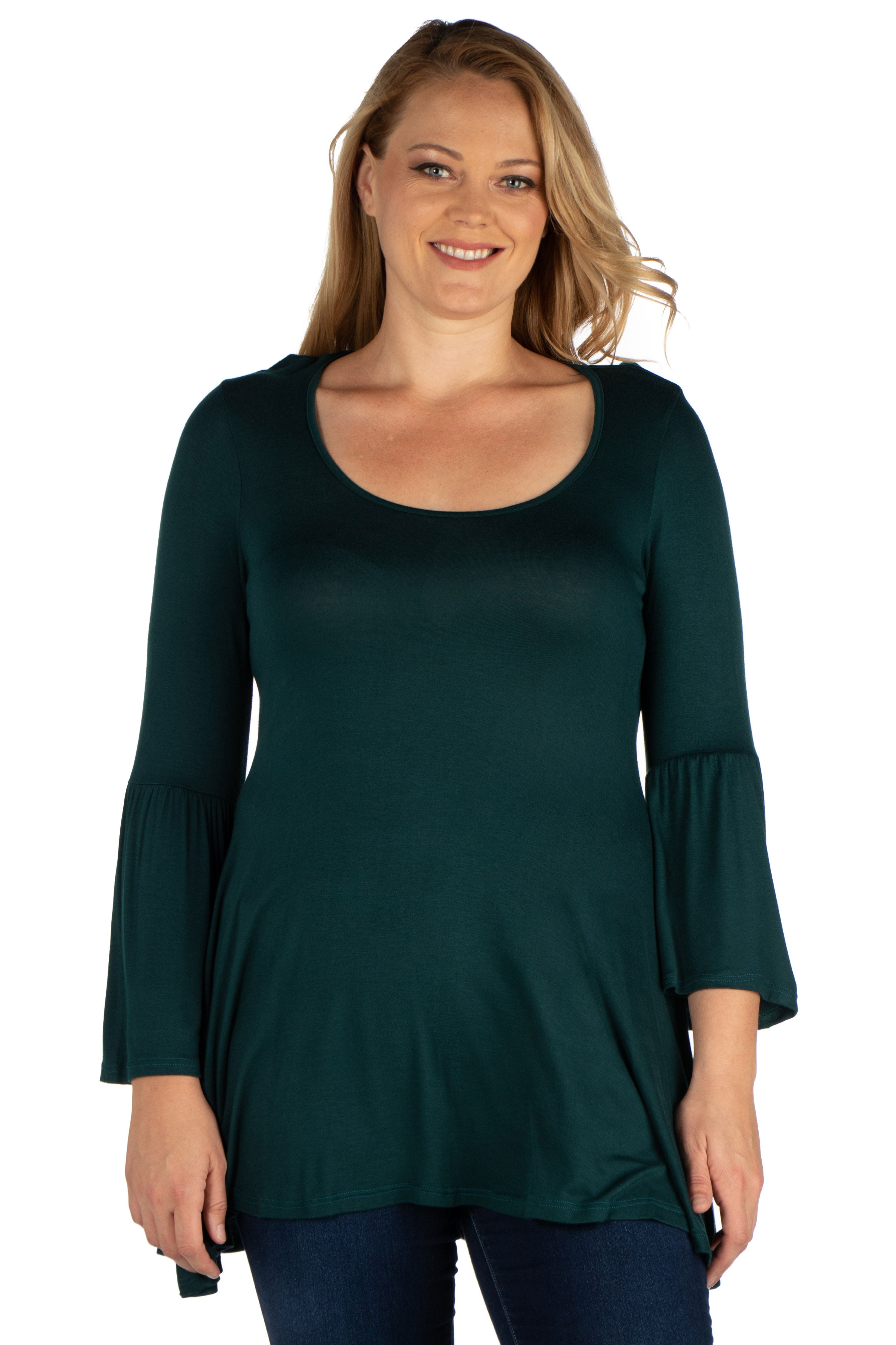 Long Bell Sleeve Flared Plus Size Tunic Top, Hunter, hi-res image number 0