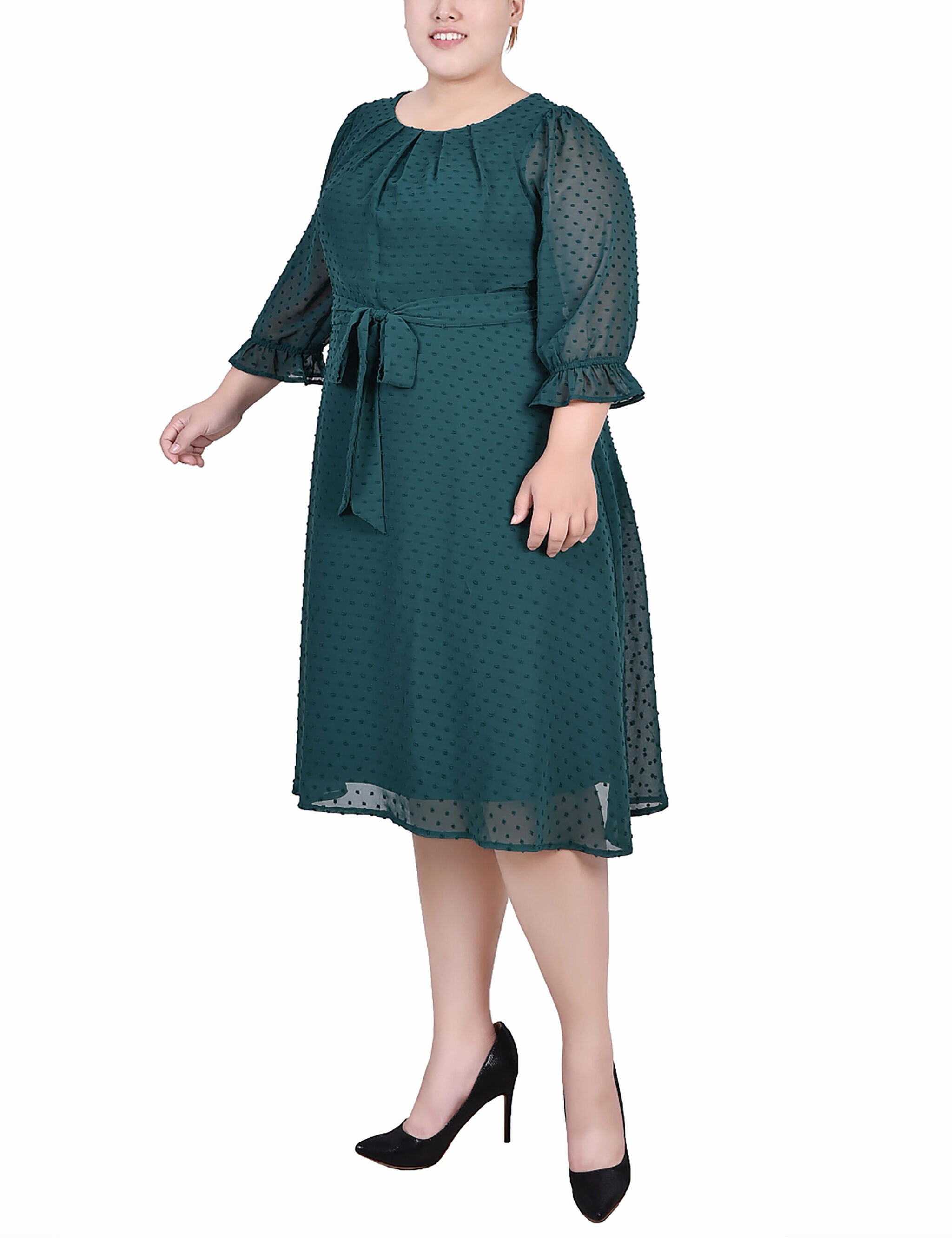 3/4 Sleeve Belted Swiss Dot Dress, Botanical Garden, alternate image number 1