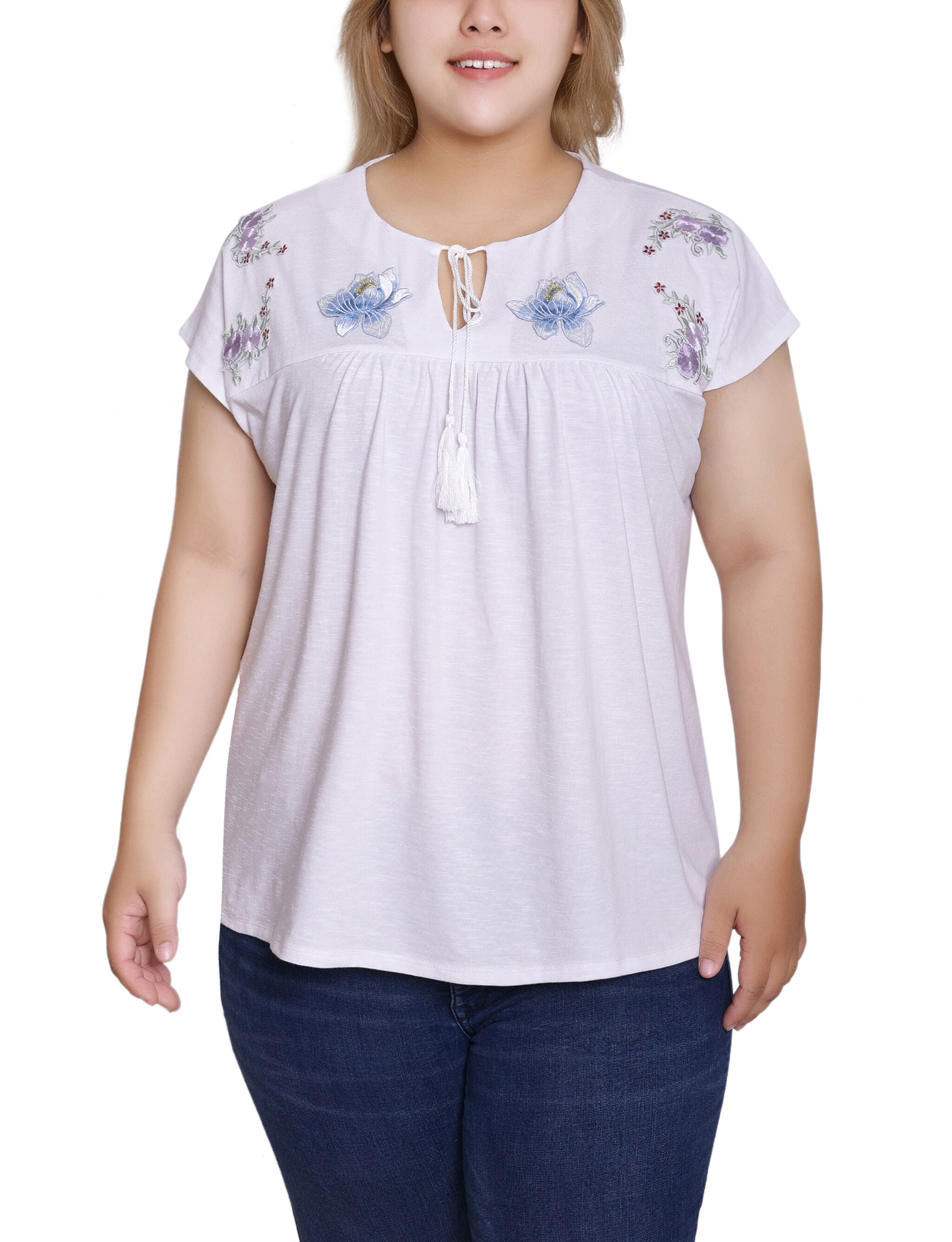 Embroidered Yoke Extended Sleeve Top, White, hi-res image number 0