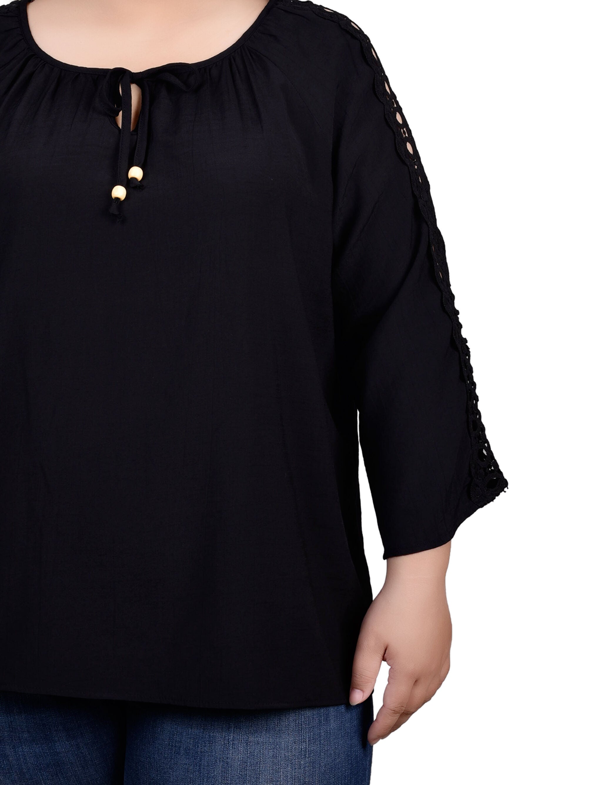 3/4 Sleeve Crochet Detail Blouse, Black / black, alternate image number 1