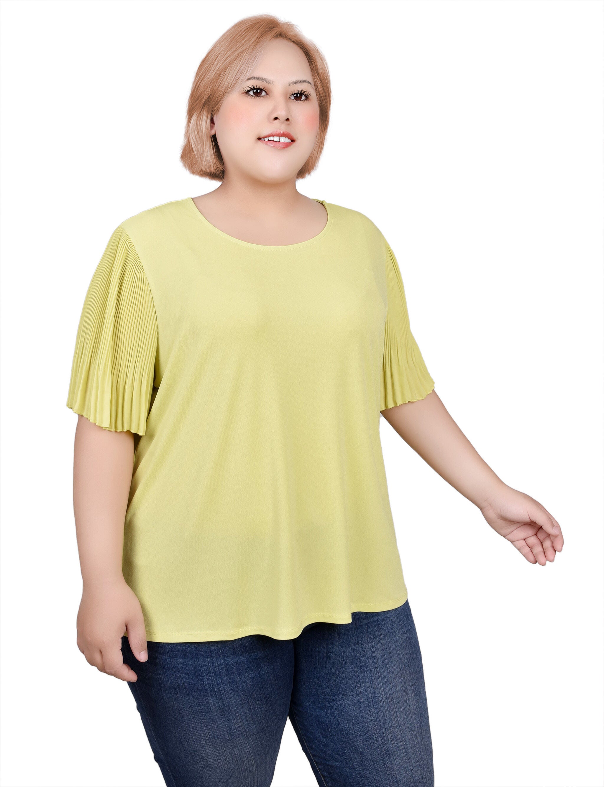 Pleated-Sleeve Top, Celery Green / green, alternate image number 2