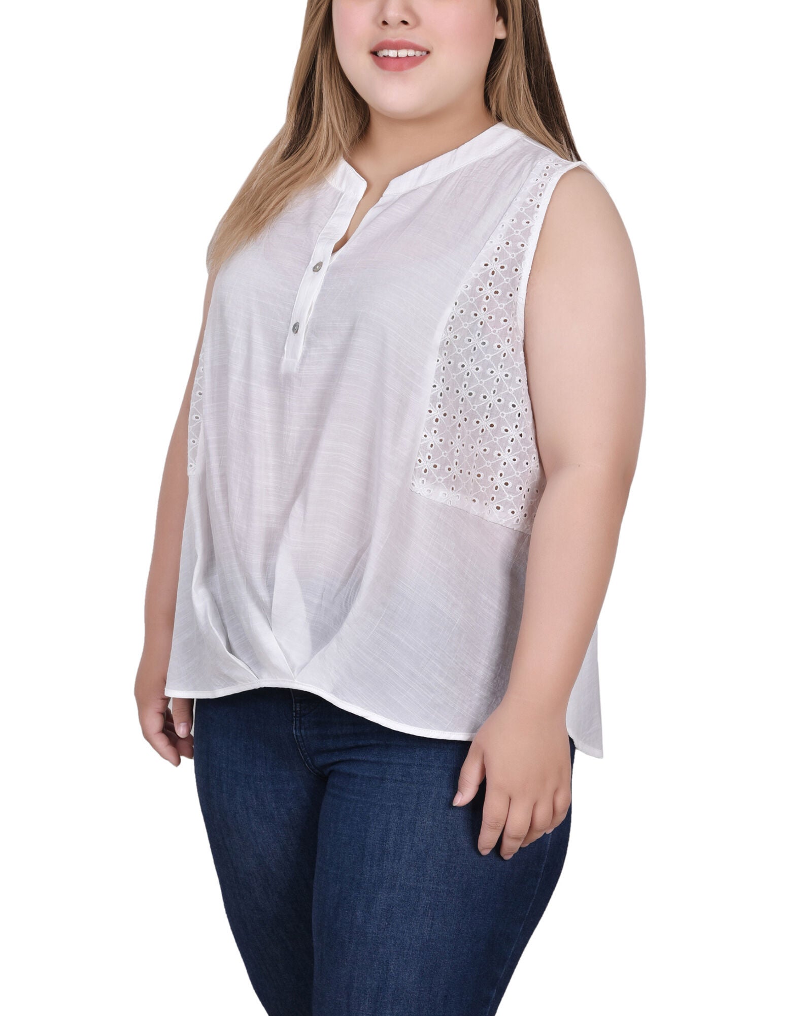 Sleeveless Blouse With Eyelet Insets, White, alternate image number 1