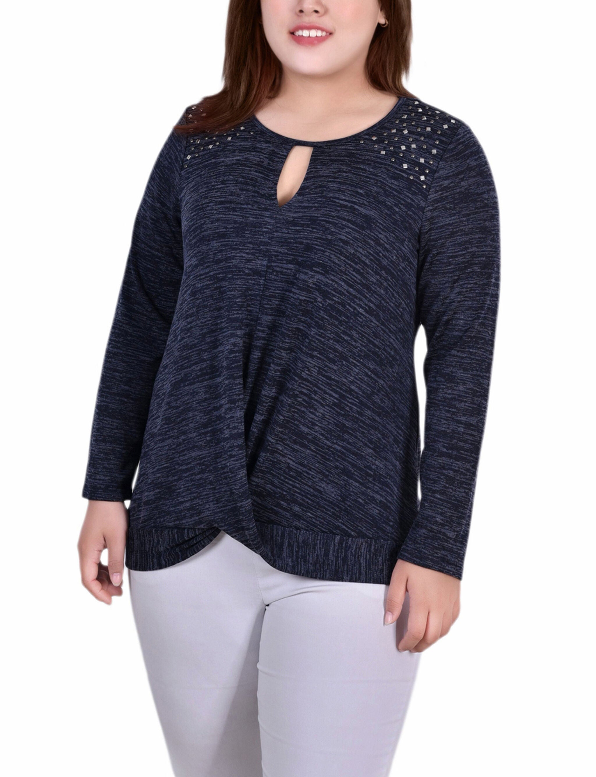 Plus Size Long Sleeve Knit Keyhole Top With Studs, Navy, hi-res image number 0