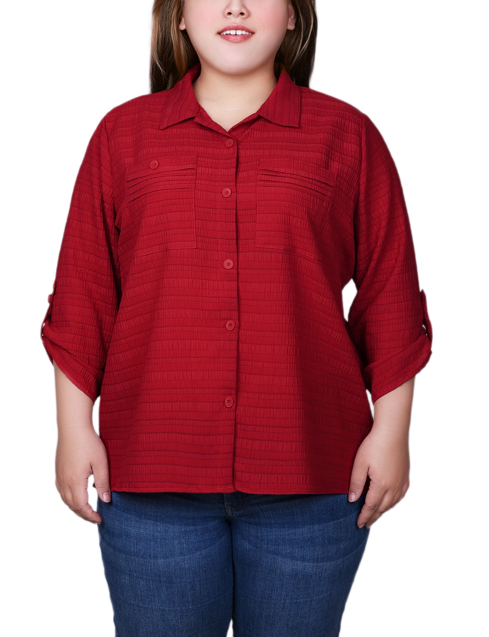 3/4 Sleeve Woven Jacquard Blouse, Red, hi-res image number 0