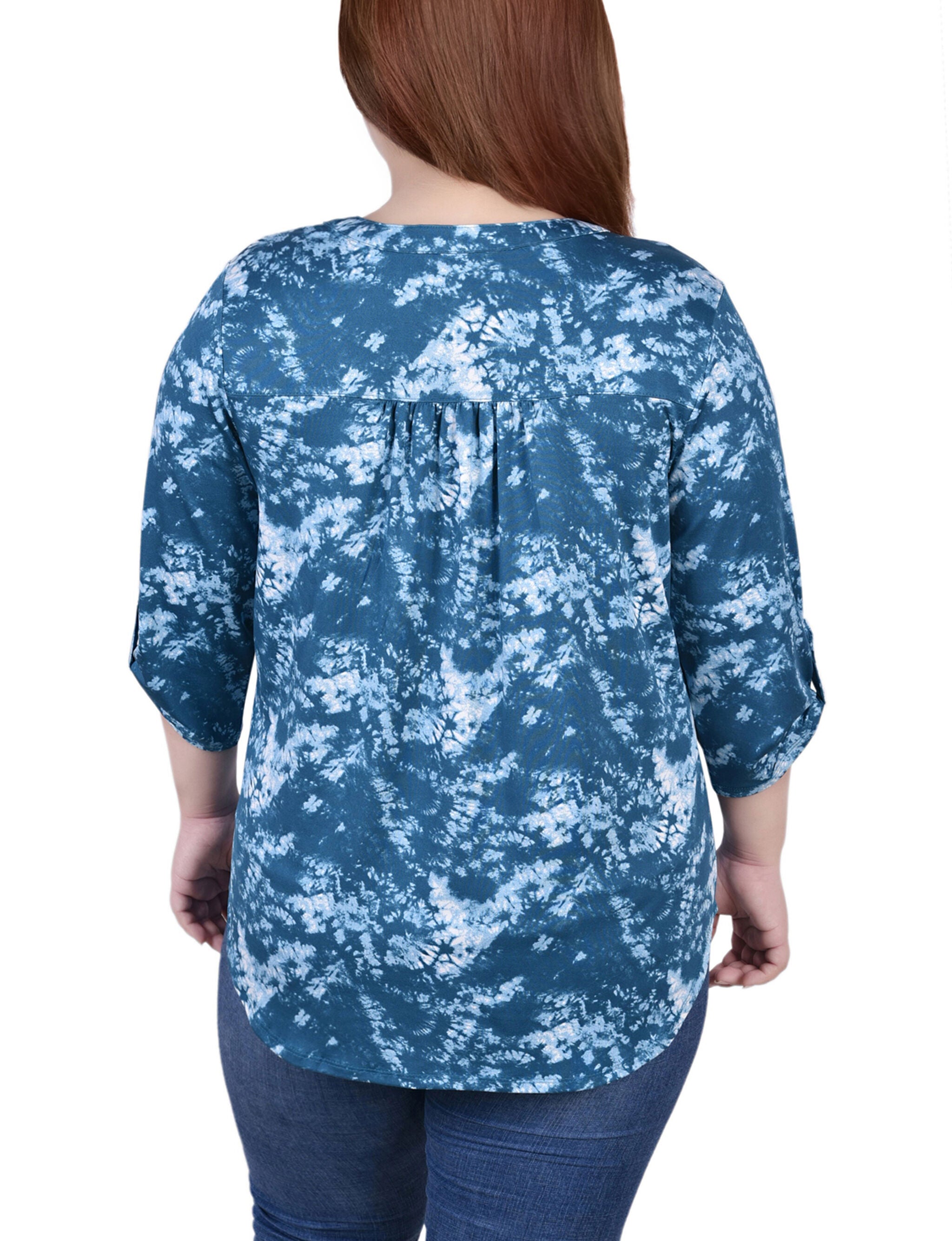 3/4 Bell Sleeve Pleat Front Y Neck Top, Peacock Blue Tiedye, alternate image number 2