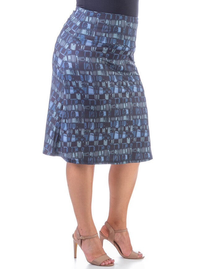 Grey Abstract Elastic Waist Plus Size Knee Length Skirt, , alternate image number null