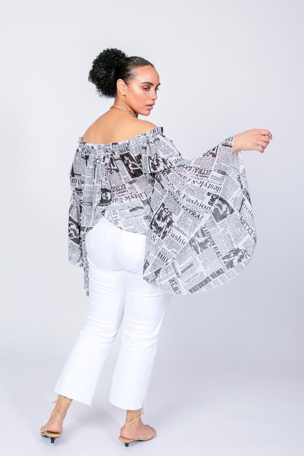 Newspaper Print Brittney Off The Shoulder Bell Sleeve Top, , alternate image number null