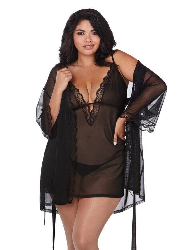 Mesh Scalloped Robe Set, Black, hi-res image number null