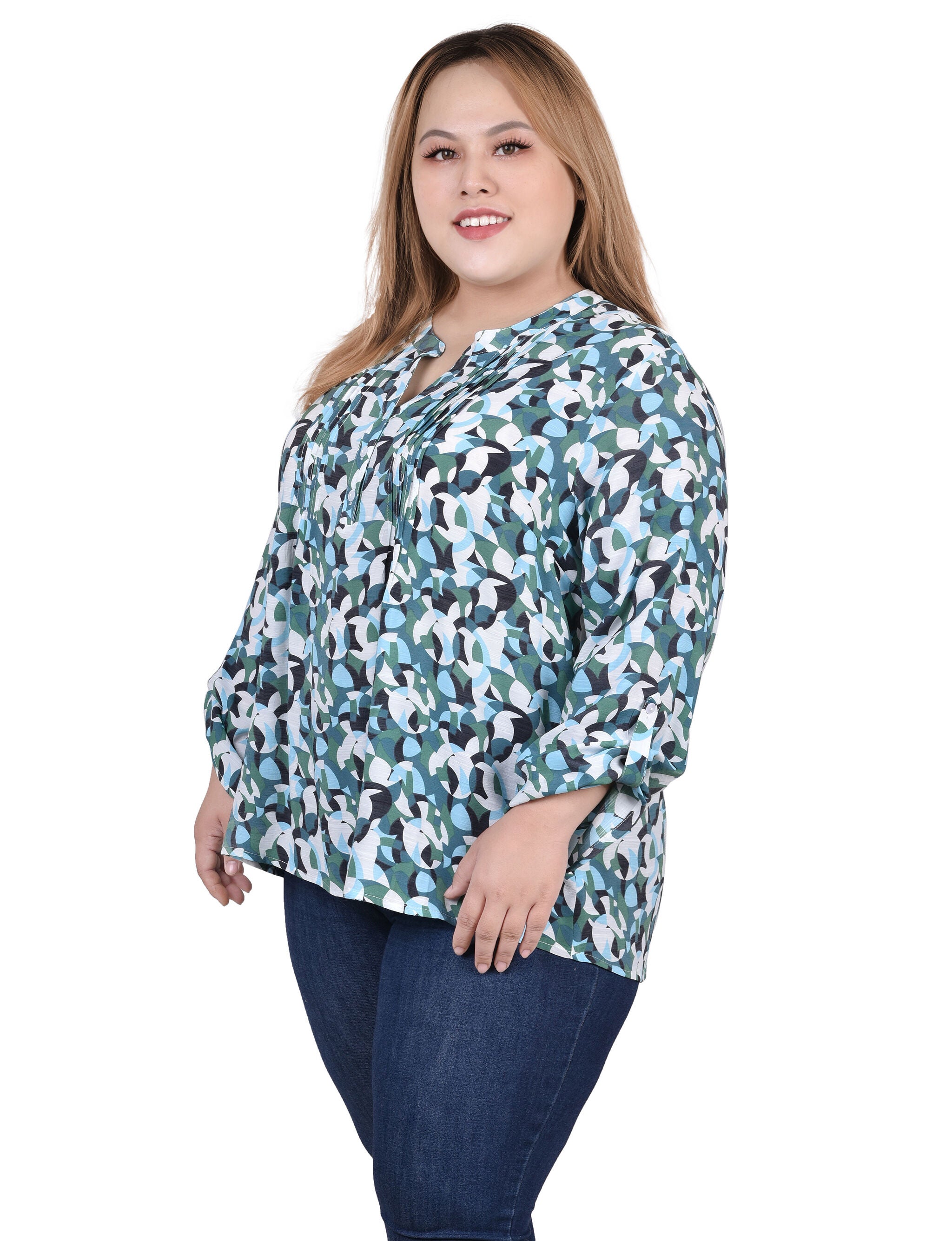 Long Roll Tab Sleeve Pintuck Front Blouse, , alternate image number 4