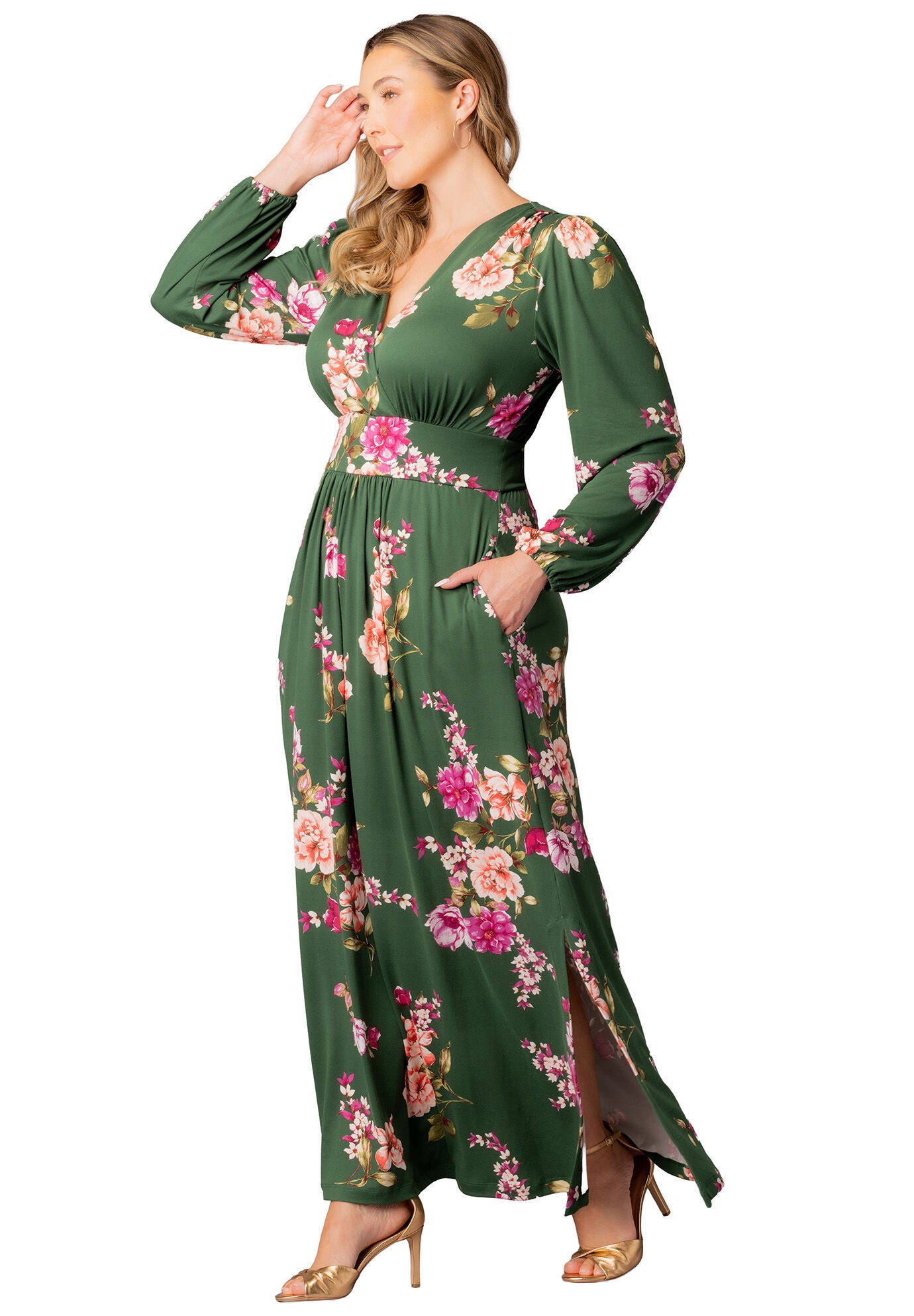 Kelsey Long Sleeve Maxi Dress, Green Floral Print / Forest Green, alternate image number 3