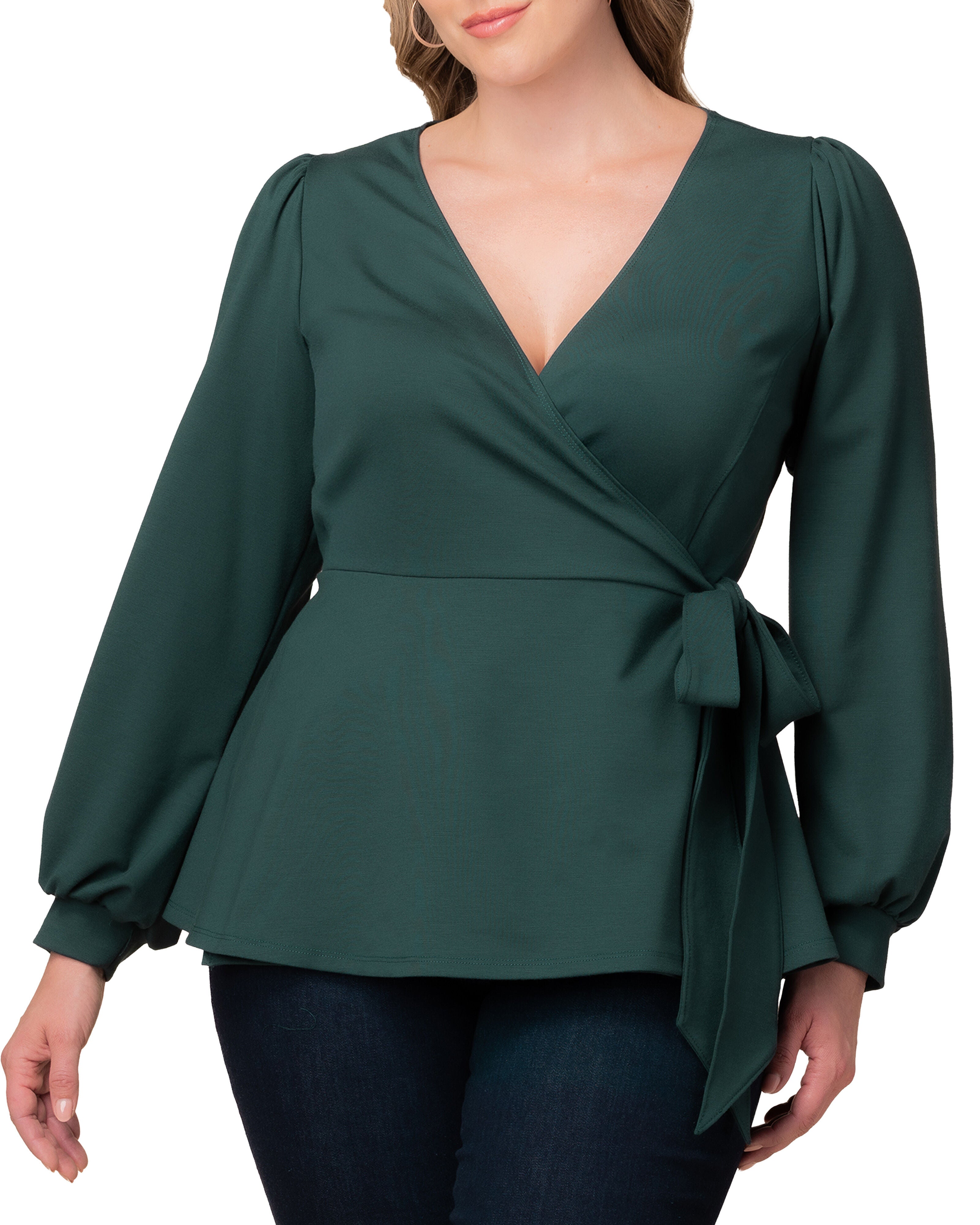 Natasha Long Sleeve Wrap Top, HUNTER GREEN / Hunter Green, alternate image number 1