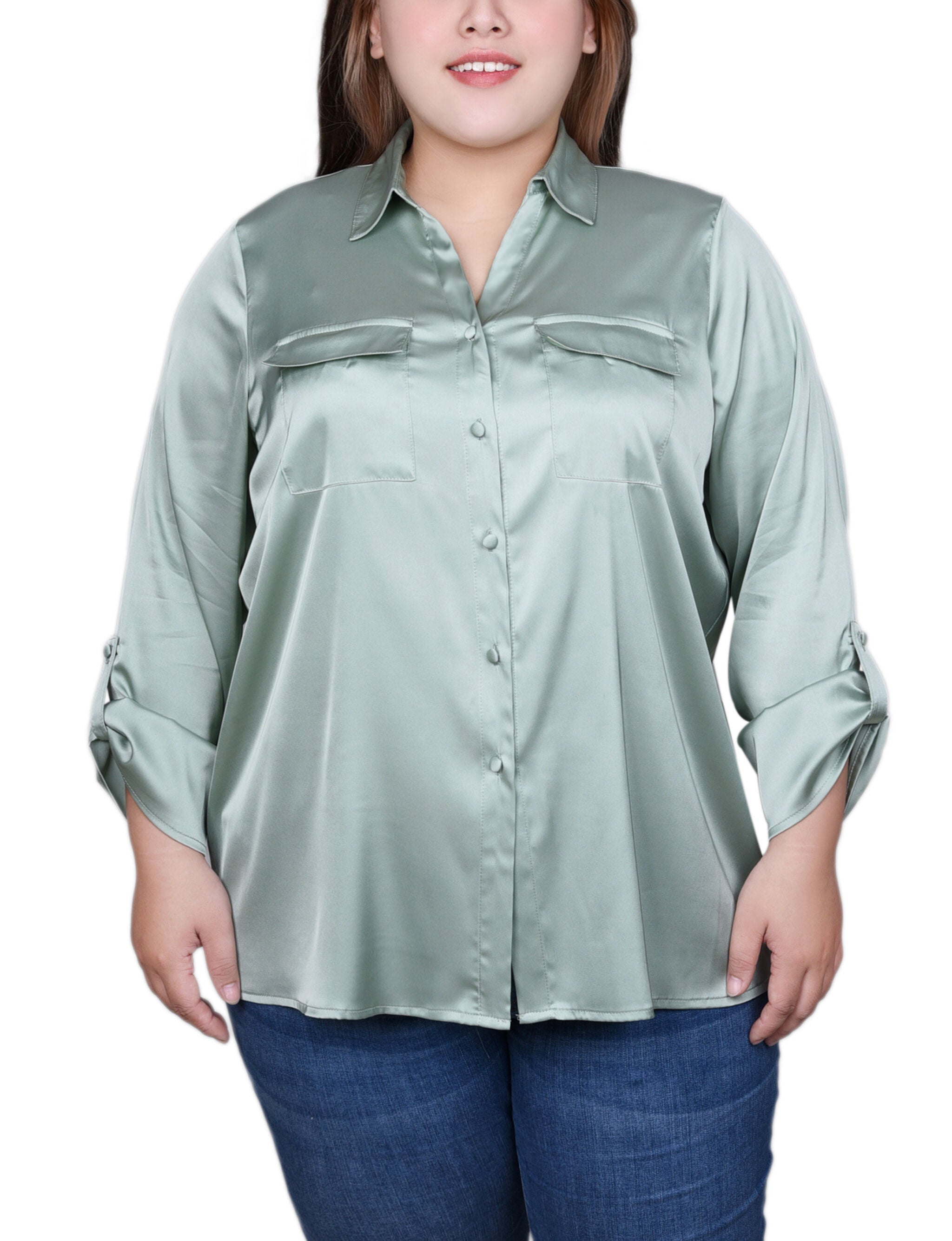 3/4 Sleeve Roll Tab Satin Blouse, Frosty Green, hi-res image number 0