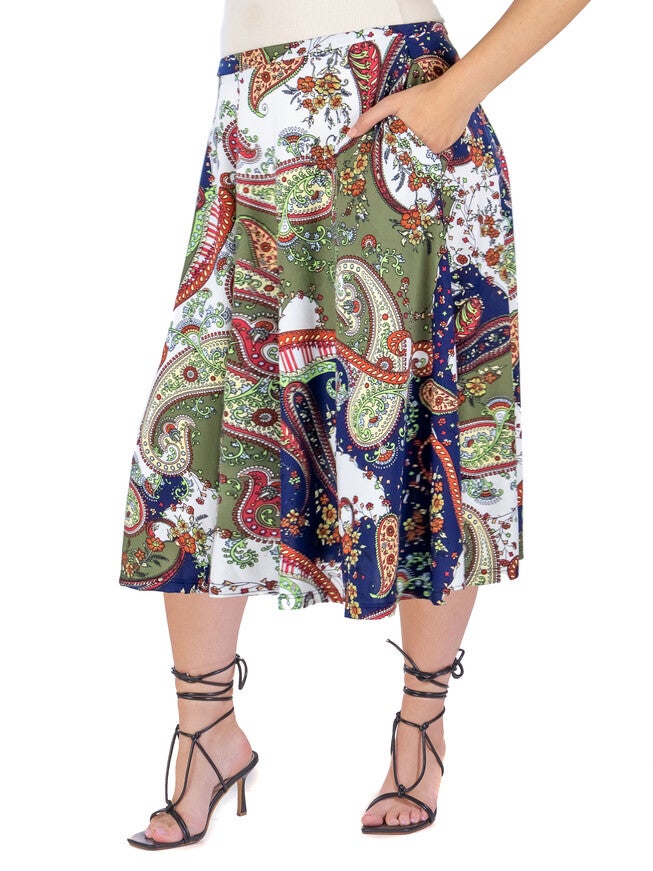 Paisley Print Pleated Plus Size Pocket Midi Skirt, , alternate image number null