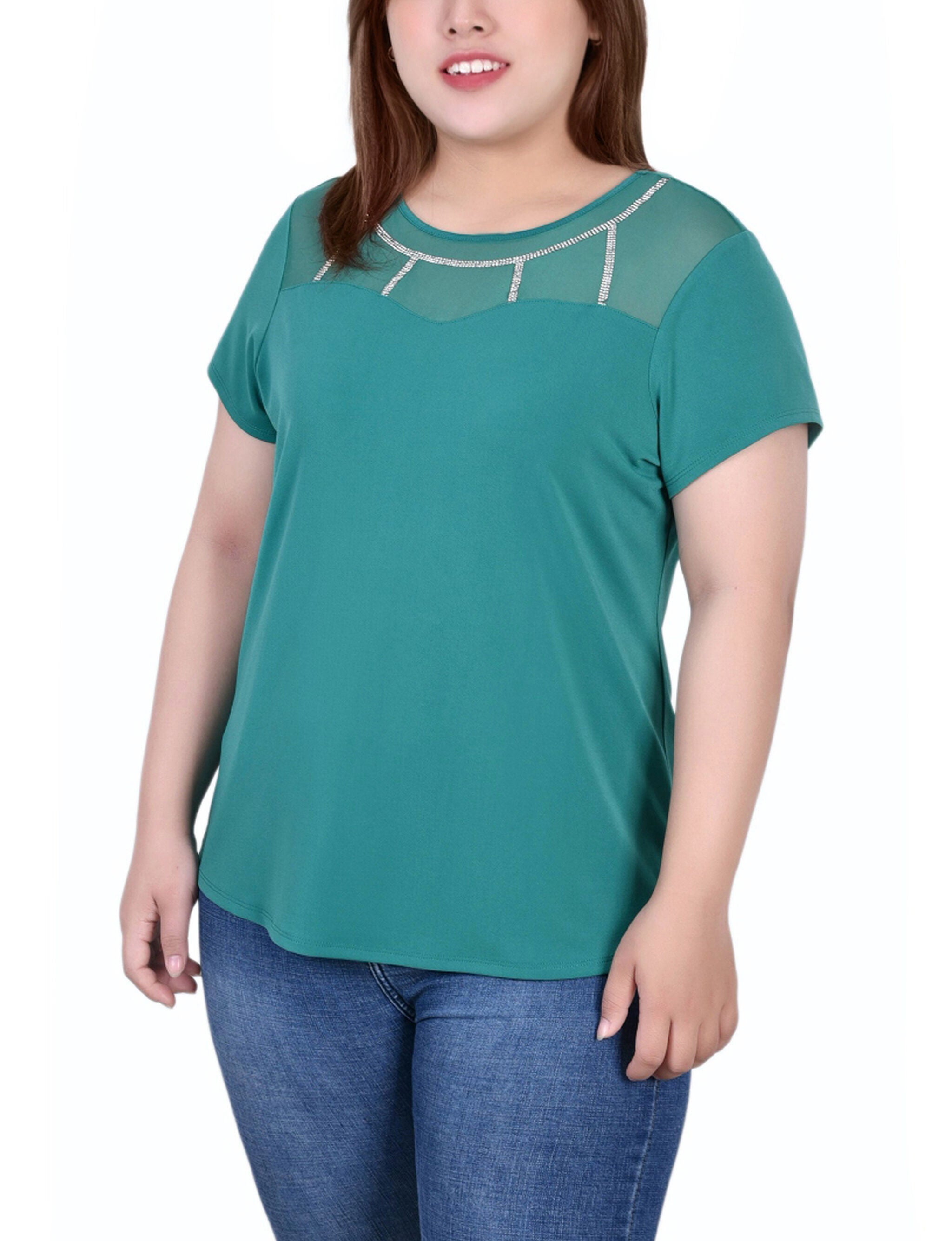 Short Sleeve Illusion Neck Top, Emerald, hi-res image number 0