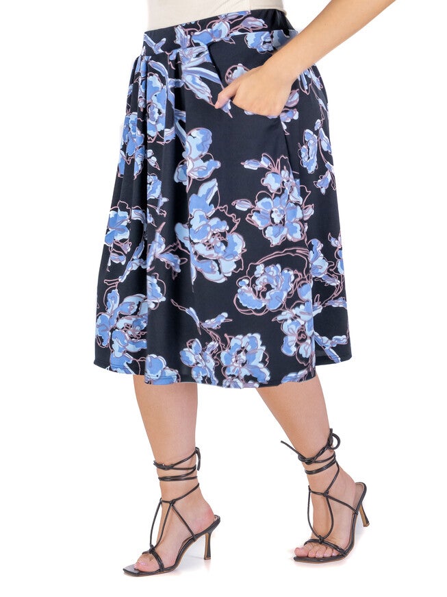 Black Floral Pleated Knee Length Plus Size Pocket Skirt, , alternate image number null