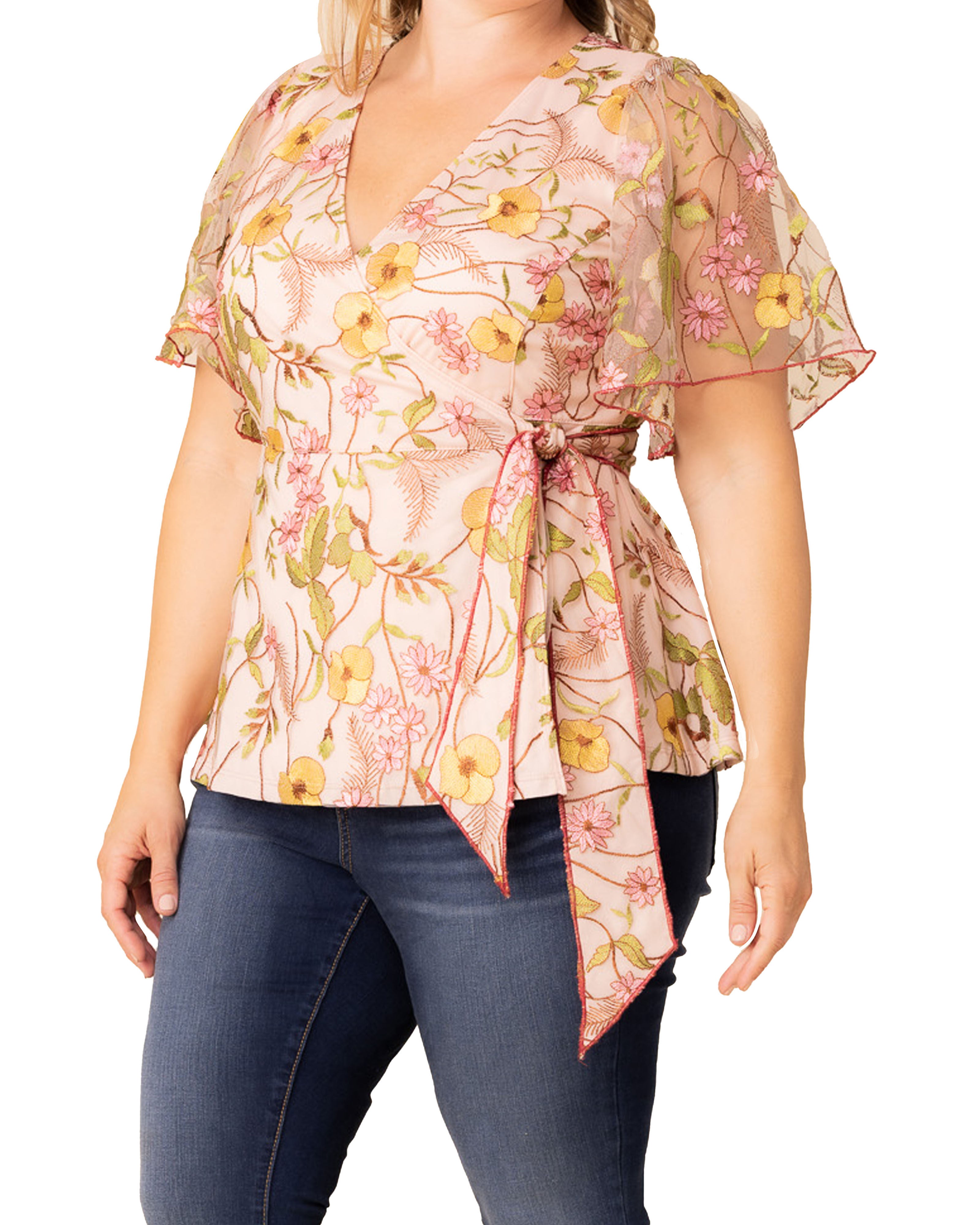 Rosalie Embroidered Wrap Top, DAWN GARDEN / Pink, alternate image number 3