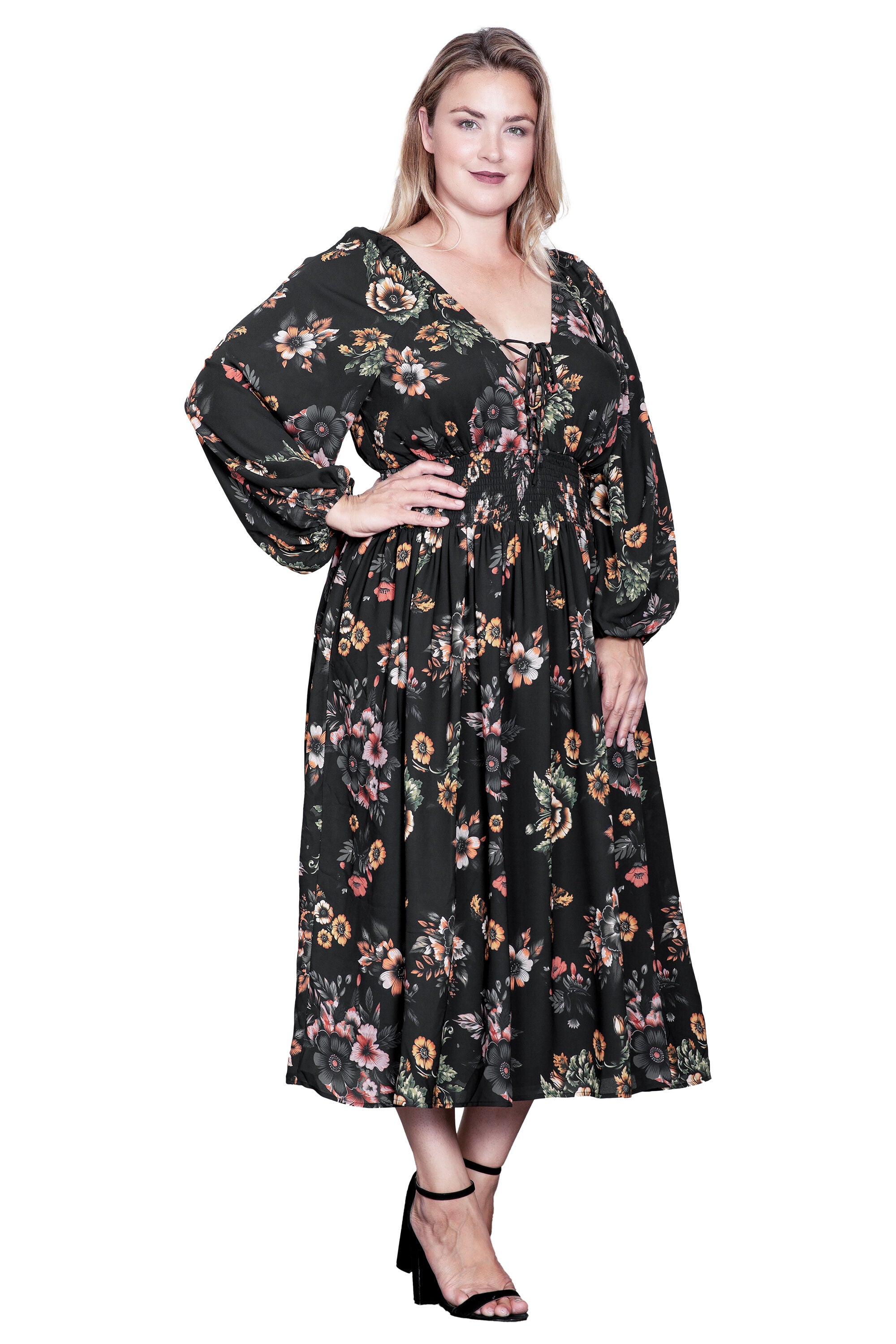 Floral-Print Sheer Sleeve Midi Dress, Rusty Floral Black / Black, alternate image number 2