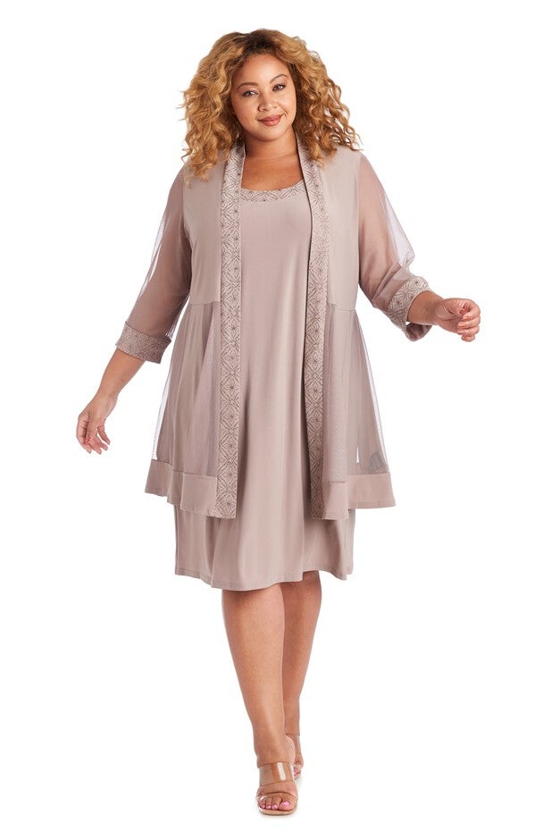 Jacket With Panels/Sheath Dress With 3/4 Sleeves Over Scoop Neck, Taupe, hi-res image number null