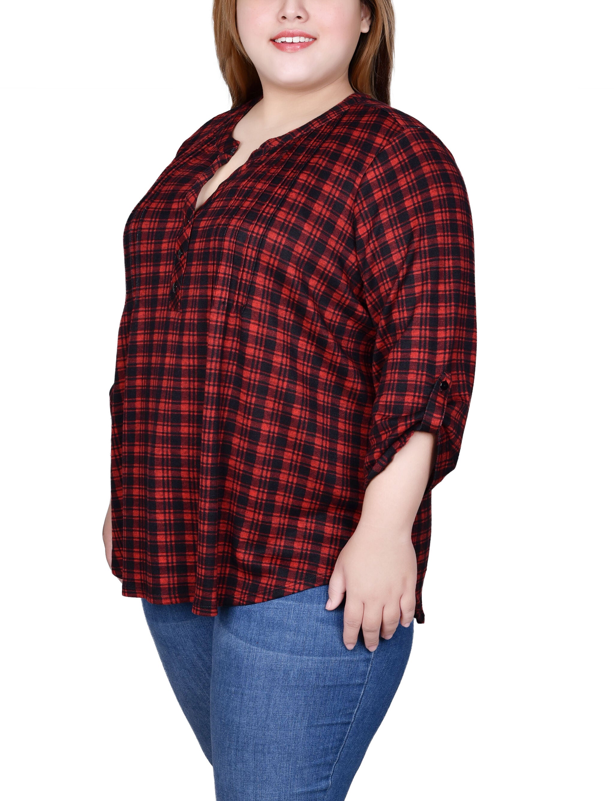 3/4 Roll Sleeve Top, Red Black Plaid, alternate image number 1