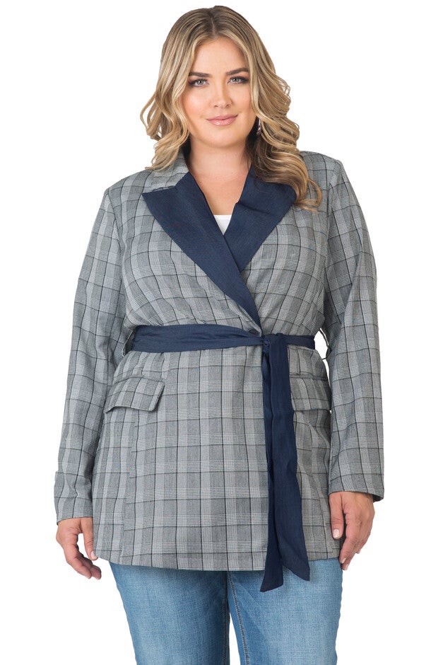 Women's Plus Size Plaid Wrap Blazer with Tencel Trim, Black and White Plaid, hi-res image number 0