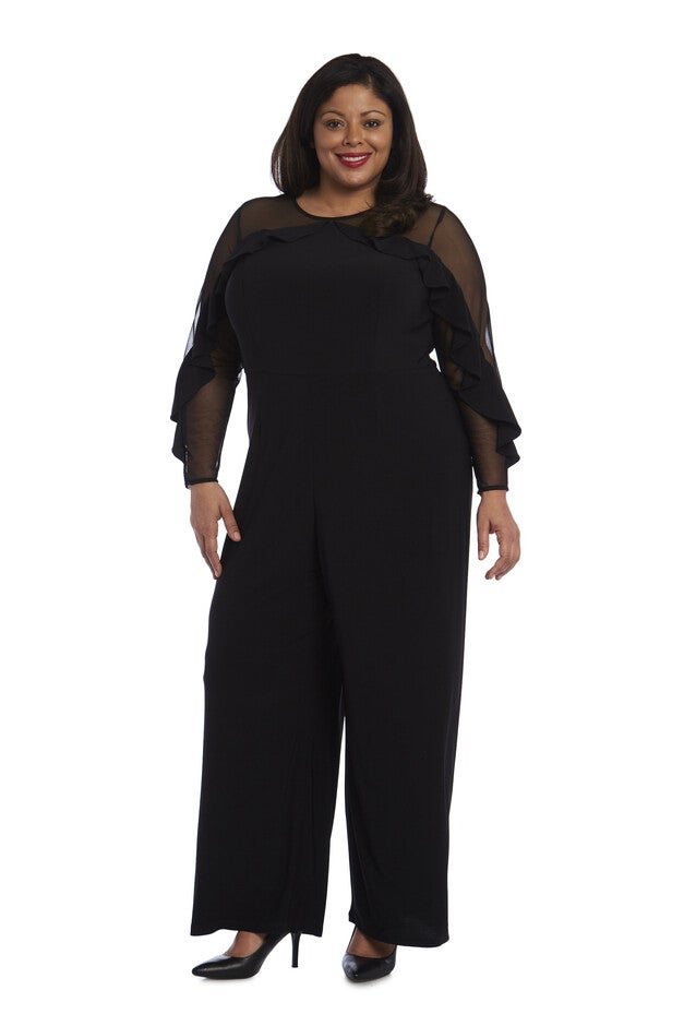 Long-Sleeved Jumpsuit with Sheer Panels and Ruffles, Black, hi-res image number null