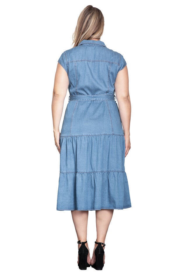 A-Line Tiered Denim Midi Dress, Blue Rinse / Light Blue, alternate image number null