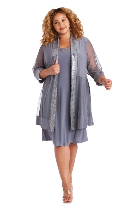 Dress and Jacket Set with Sheer Sleeves and Embellished Edges, Charcoal, hi-res image number null