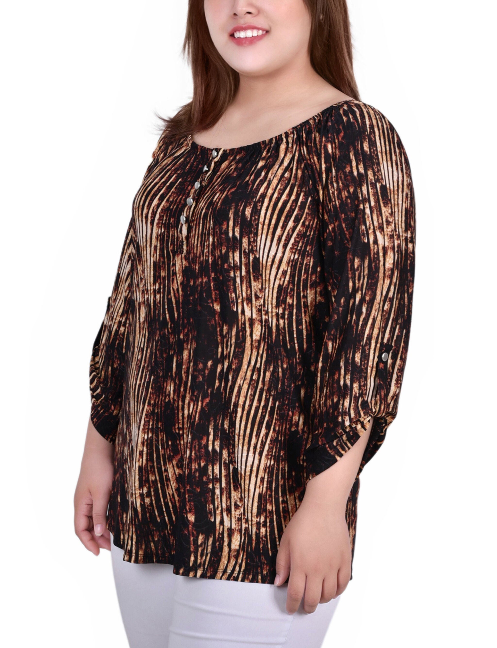 3/4  Sleeve Round Neck Top, Brown Swirlbreeze, alternate image number 1
