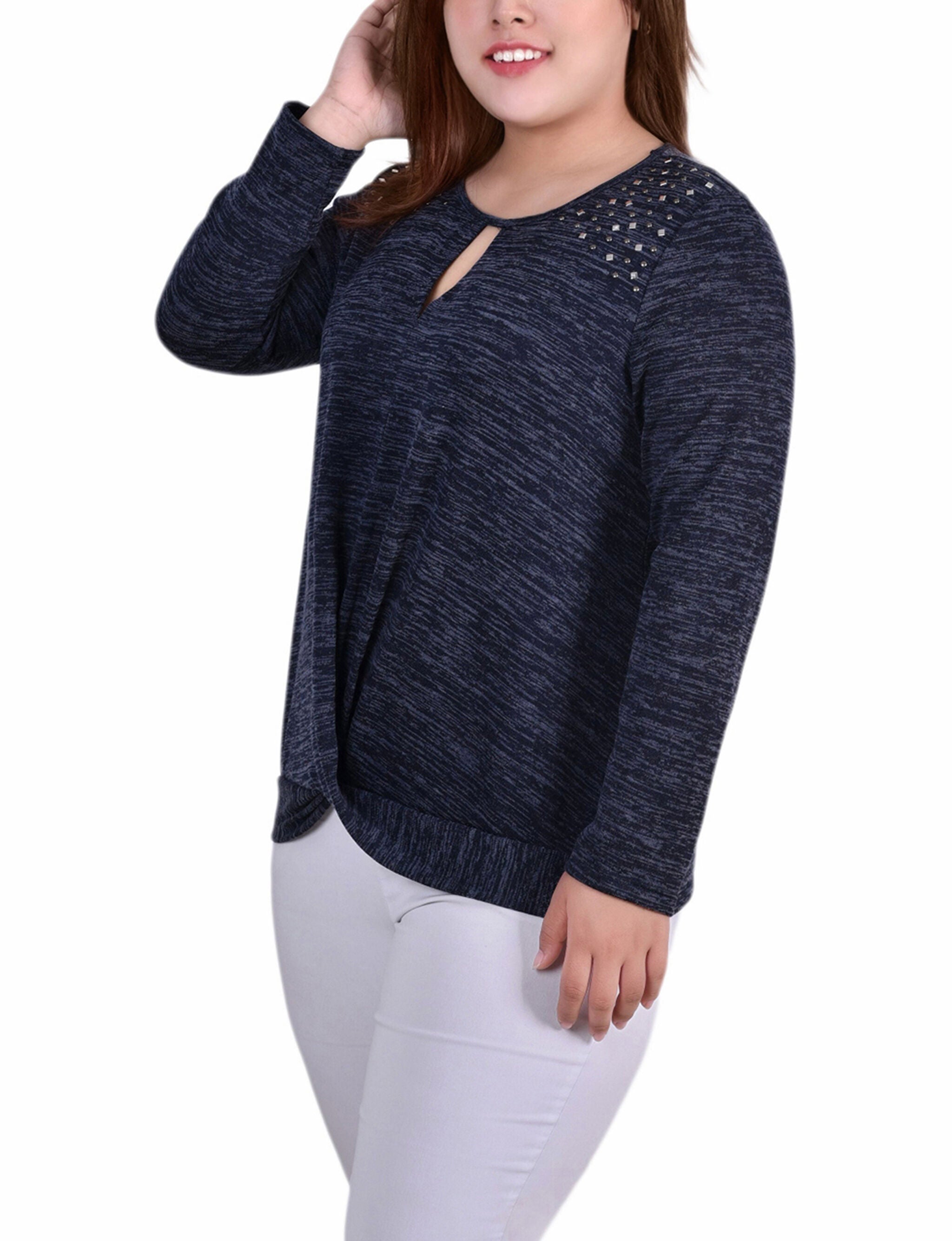 Plus Size Long Sleeve Knit Keyhole Top With Studs, Navy, alternate image number 1