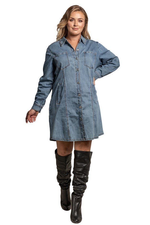 Women's Plus-Size Full Sleeve Denim Shirt Midi Dress, Medium Blue, hi-res image number null