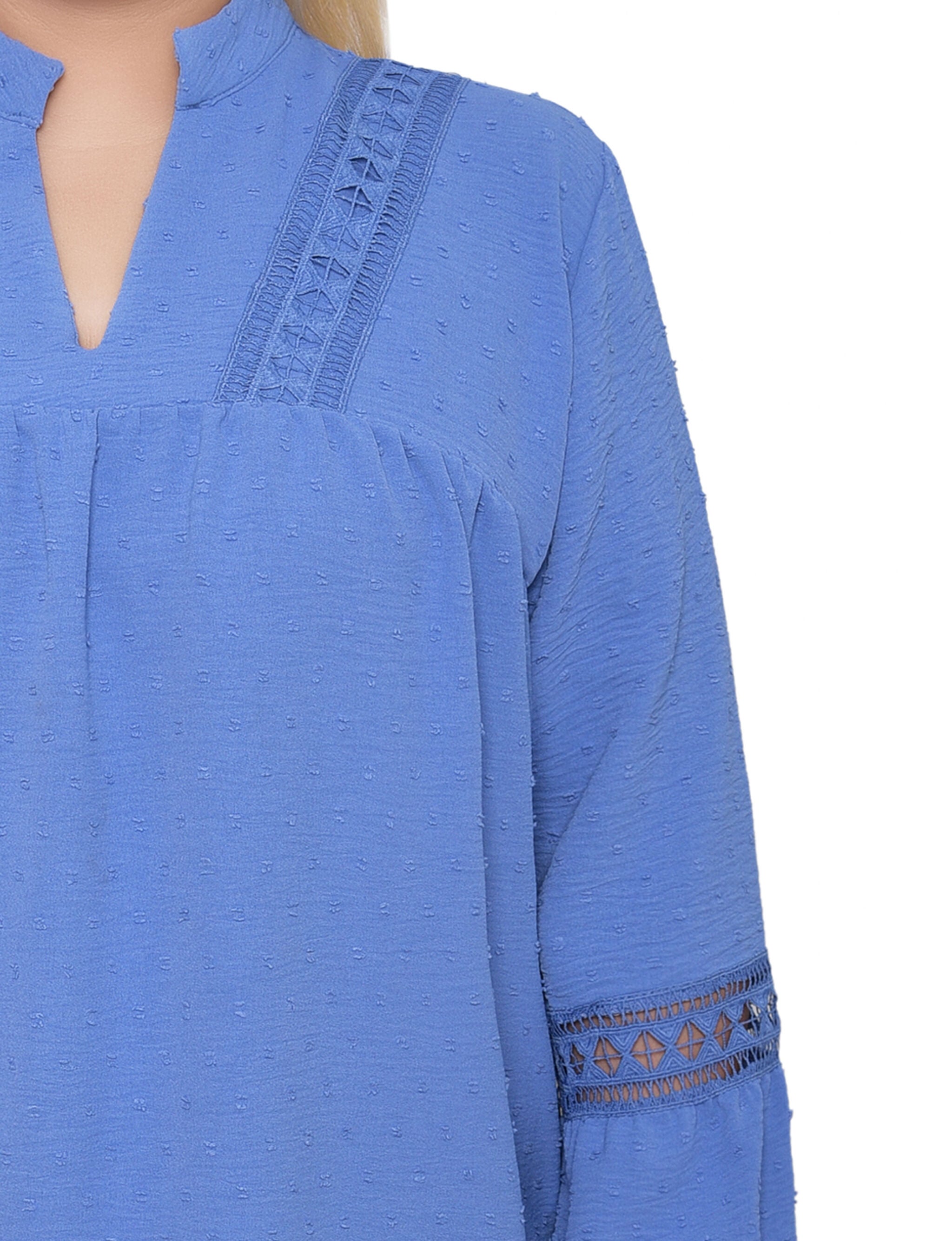 Long Sleeve Blouse With Crochet Trim, Colony Blue, alternate image number 2