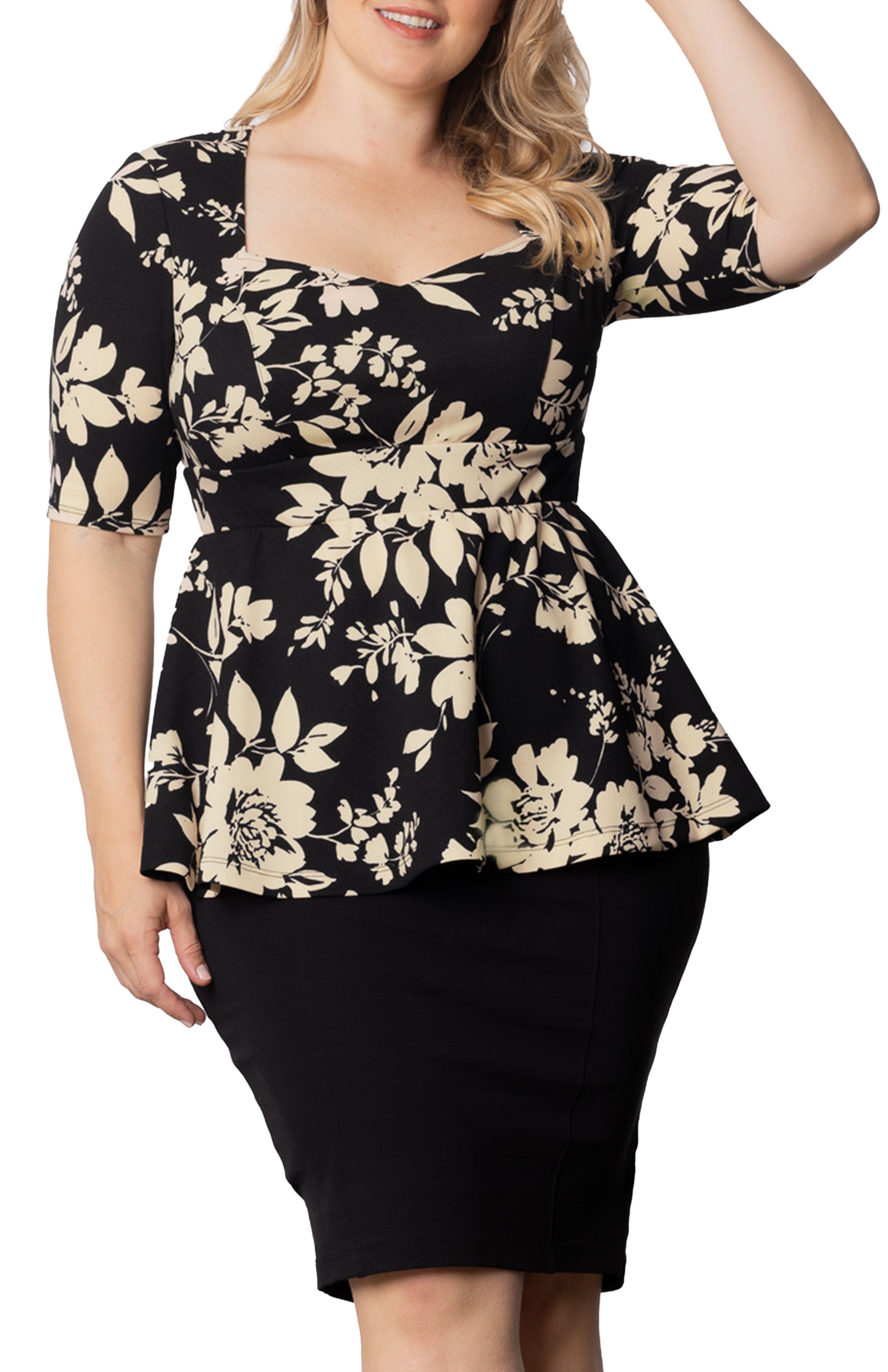 Posh Peplum Top, VINTAGE IVORY FLORALS / Black, hi-res image number 0