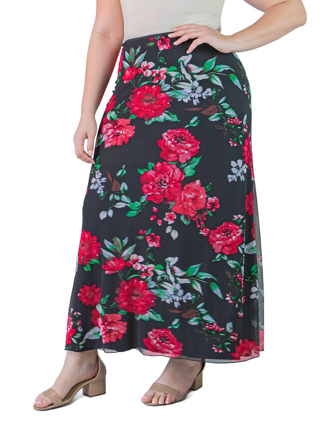 Plus Size Black and Red Floral Print Sheer Overlay Elastic Waist Maxi Skirt, , alternate image number 3