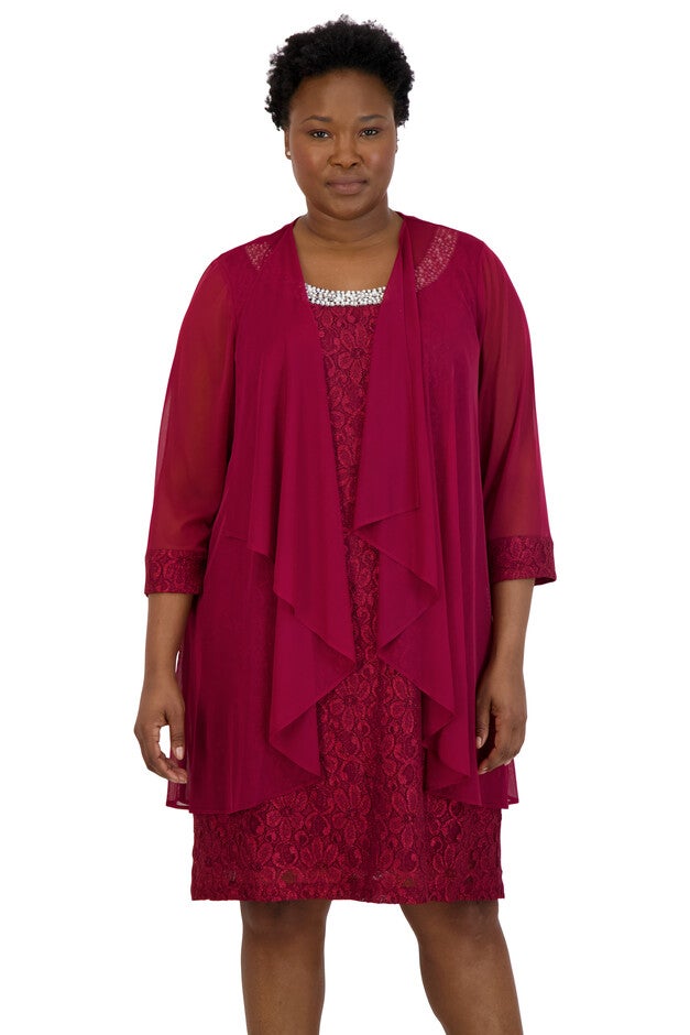 Lace Shift and Sheer Jacket Set with Pearl Embellishments, , alternate image number null