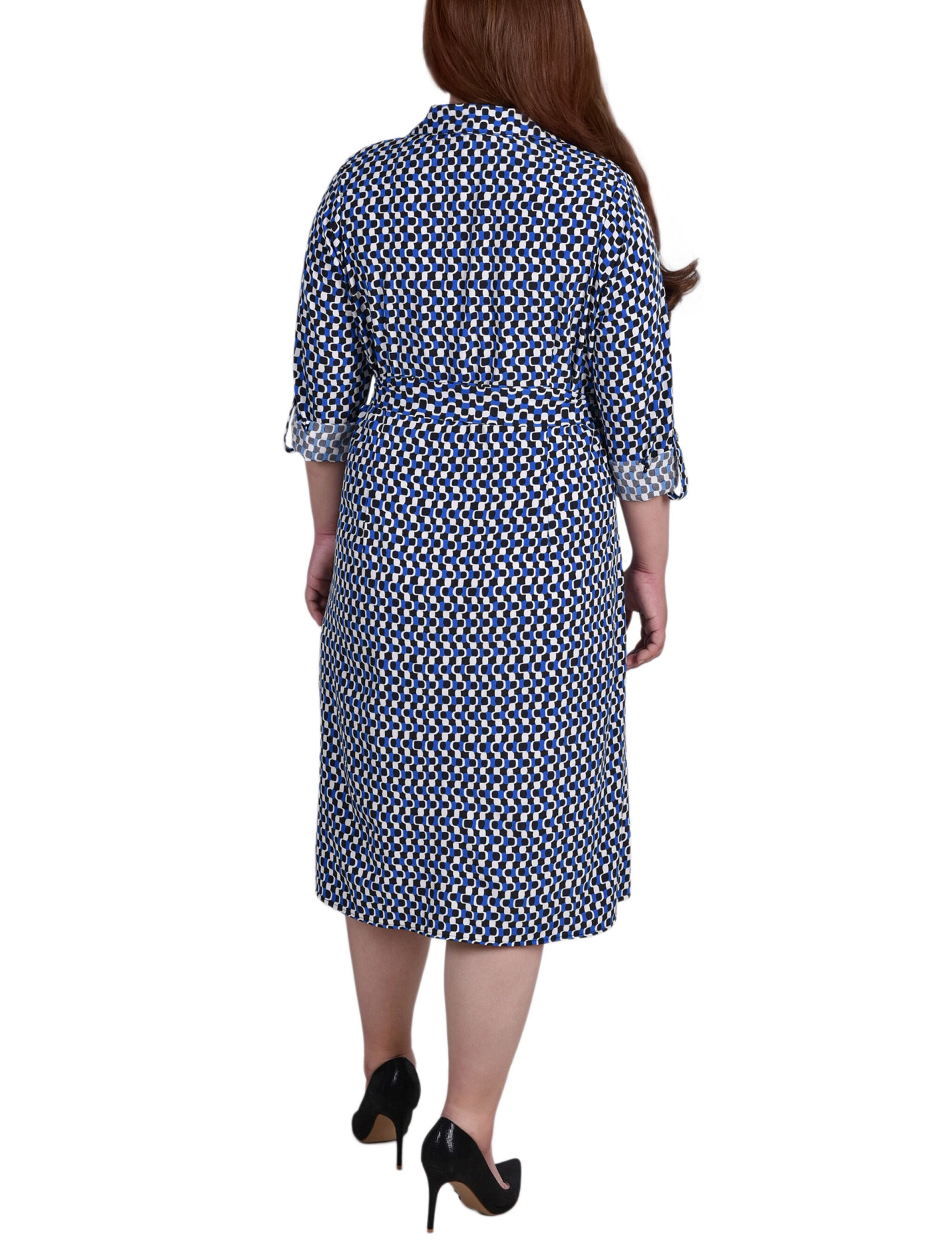 3/4 Roll Tab Sleeve Belted Shirtdress, Blue Black White Geo, alternate image number 2