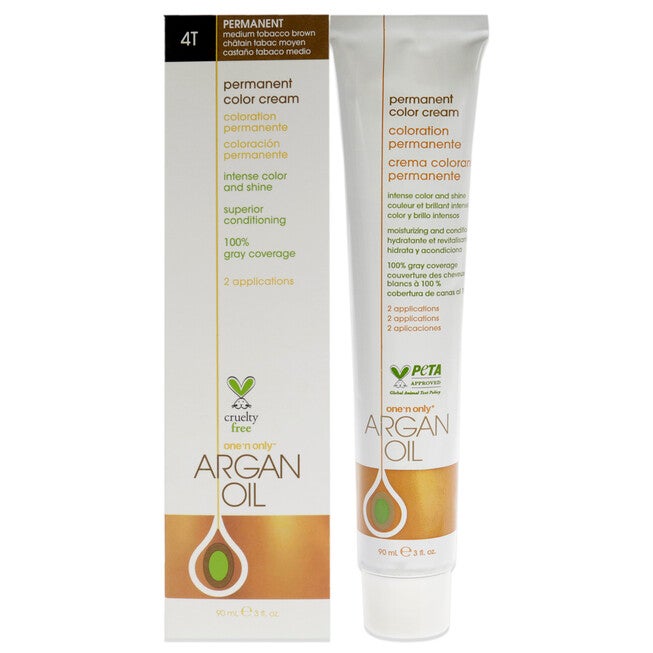 Argan Oil Permanent Color Cream - 4T Medium Tobacoo Brown by One n Only for Unisex - 3 oz Hair Color, See Description, hi-res image number 0