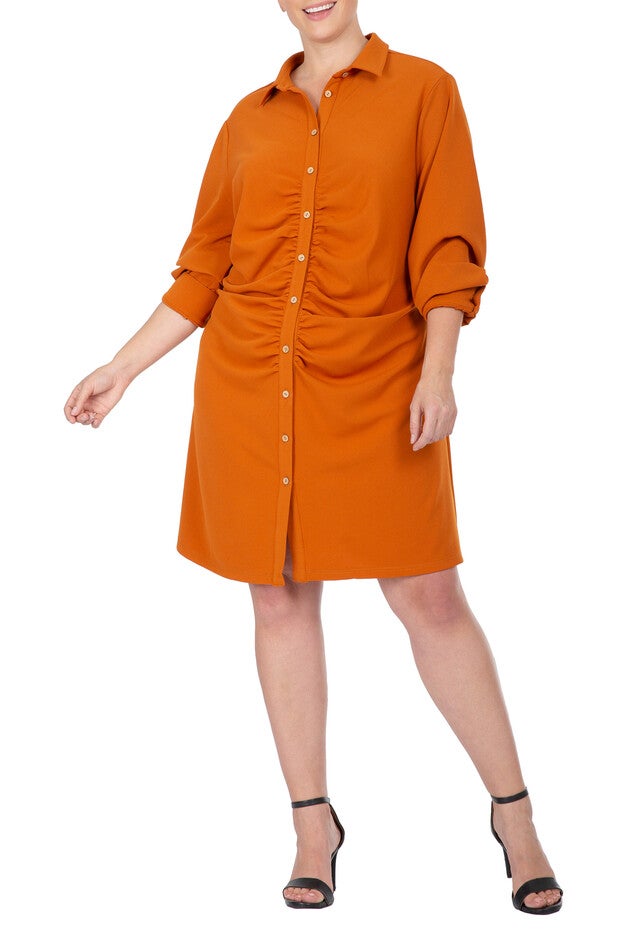 Women's Plus Size Ruched Front Buttoned Down Mini Shirt Dress, Henna Brown, hi-res image number null