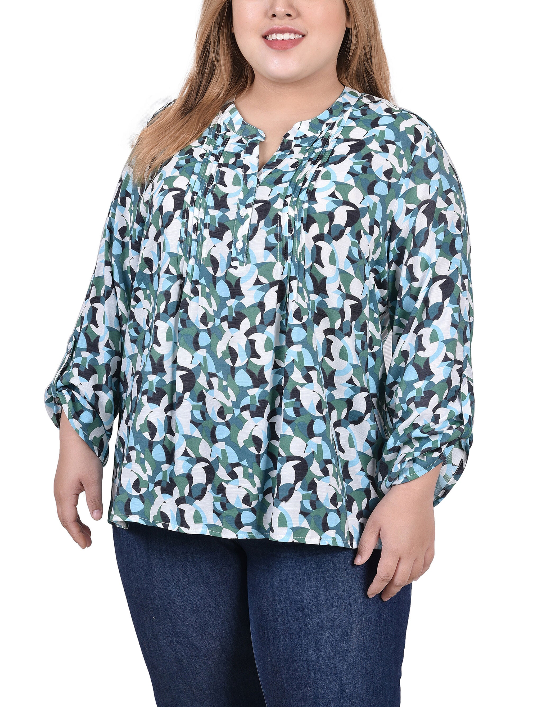 Long Roll Tab Sleeve Pintuck Front Blouse, Green Black Geo, hi-res image number 0