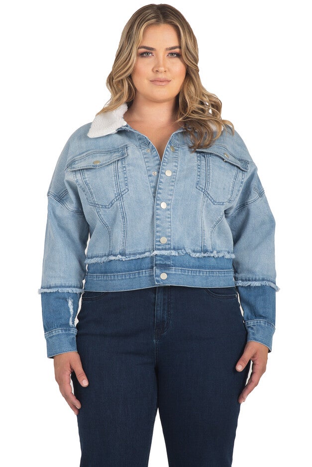 Women's Plus Size Two-Tone Refurbished Denim Trucker Jacket with Detachable Sherpa Collar, Light Blue Wash, hi-res image number null